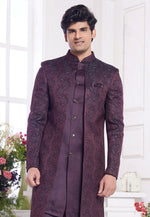 Load image into Gallery viewer, Wine Jacquard Silk Jacket Style Sherwani
