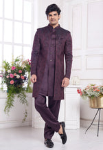 Load image into Gallery viewer, Wine Jacquard Silk Jacket Style Sherwani
