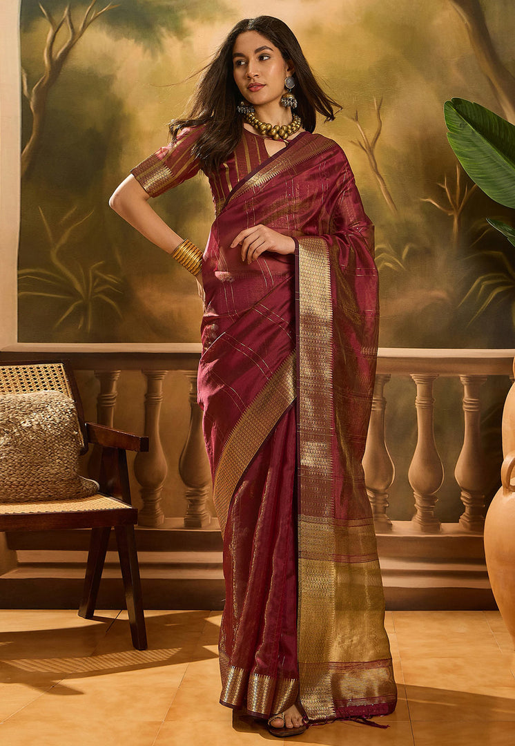 Wine Khadi Saree With Blouse