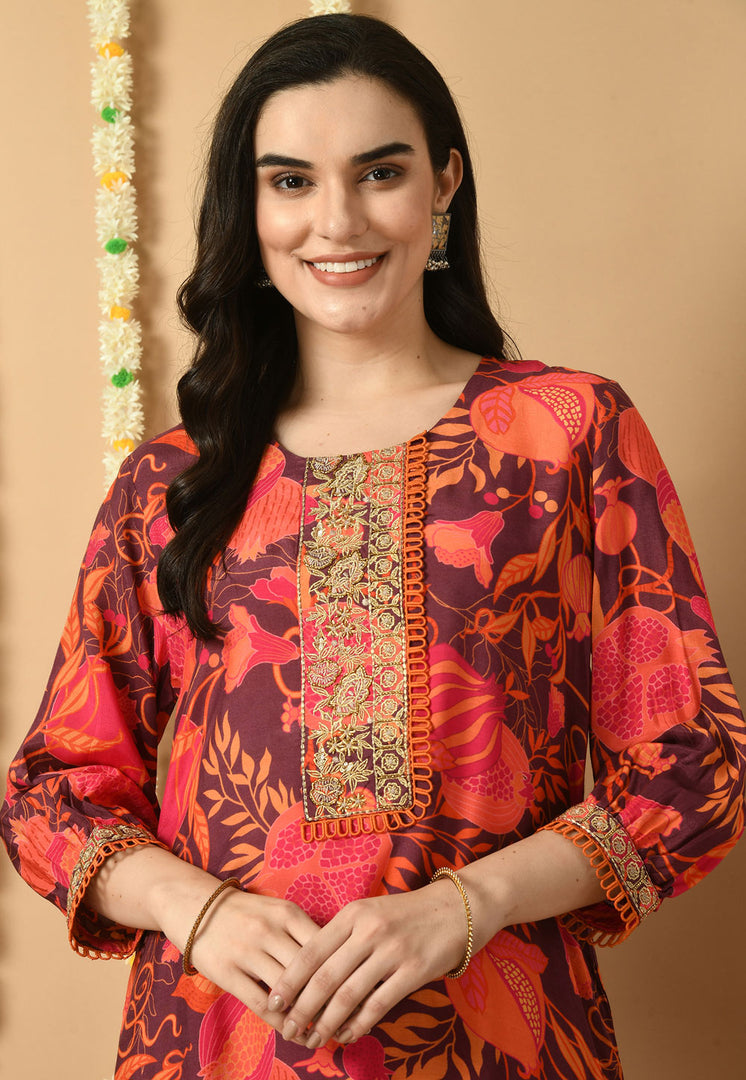 Wine Muslin Kurta Set With Pent