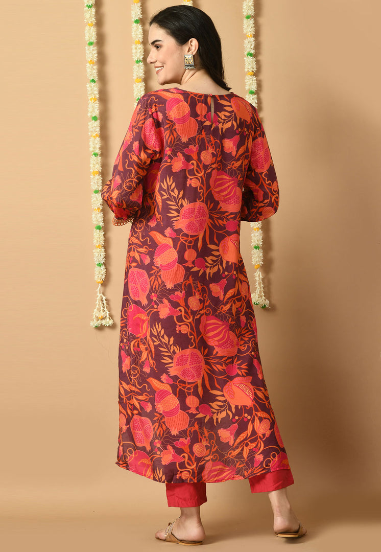 Wine Muslin Kurta Set With Pent