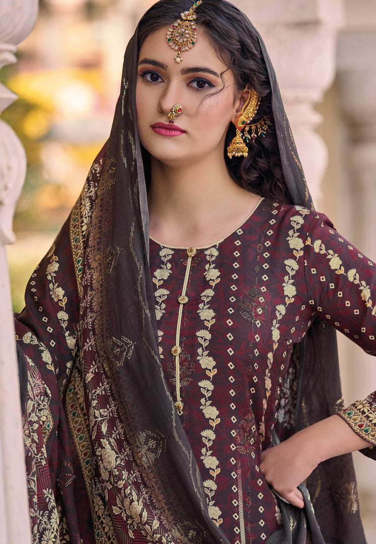 Wine Muslin Palazzo Suit