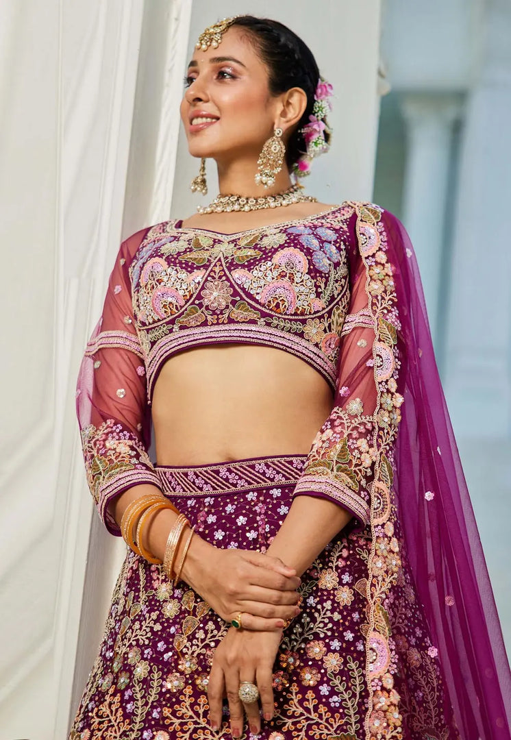 Wine Net A Line Lehenga Choli