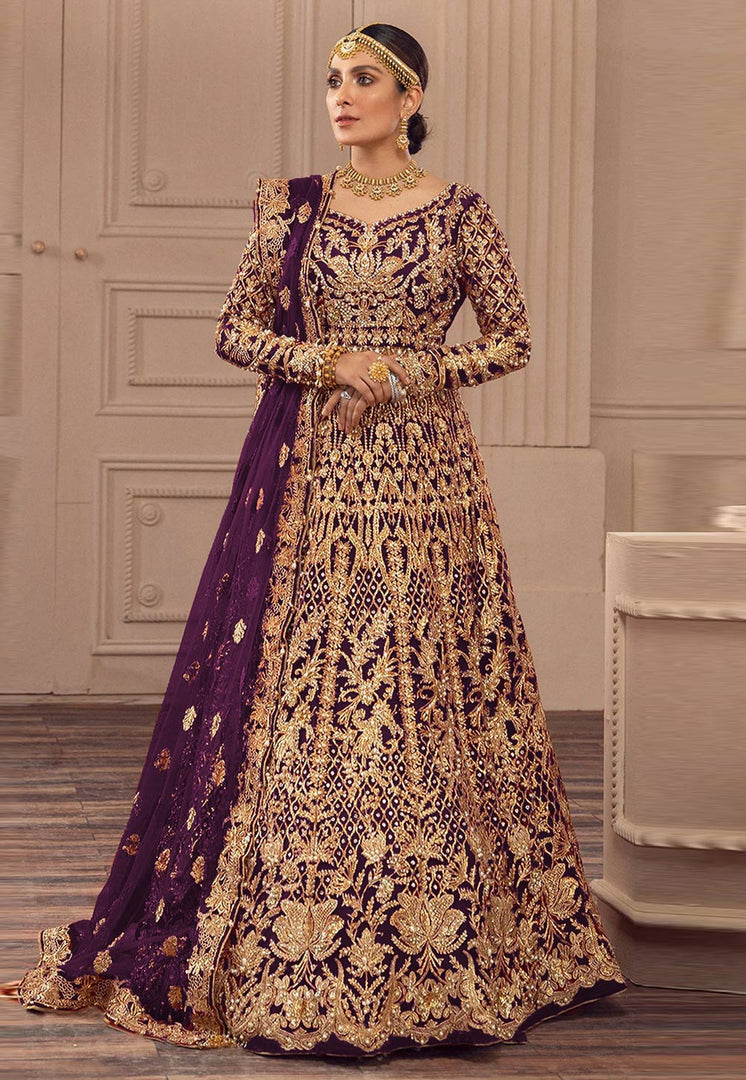 Wine Net Embroidered Long Anarkali Suit