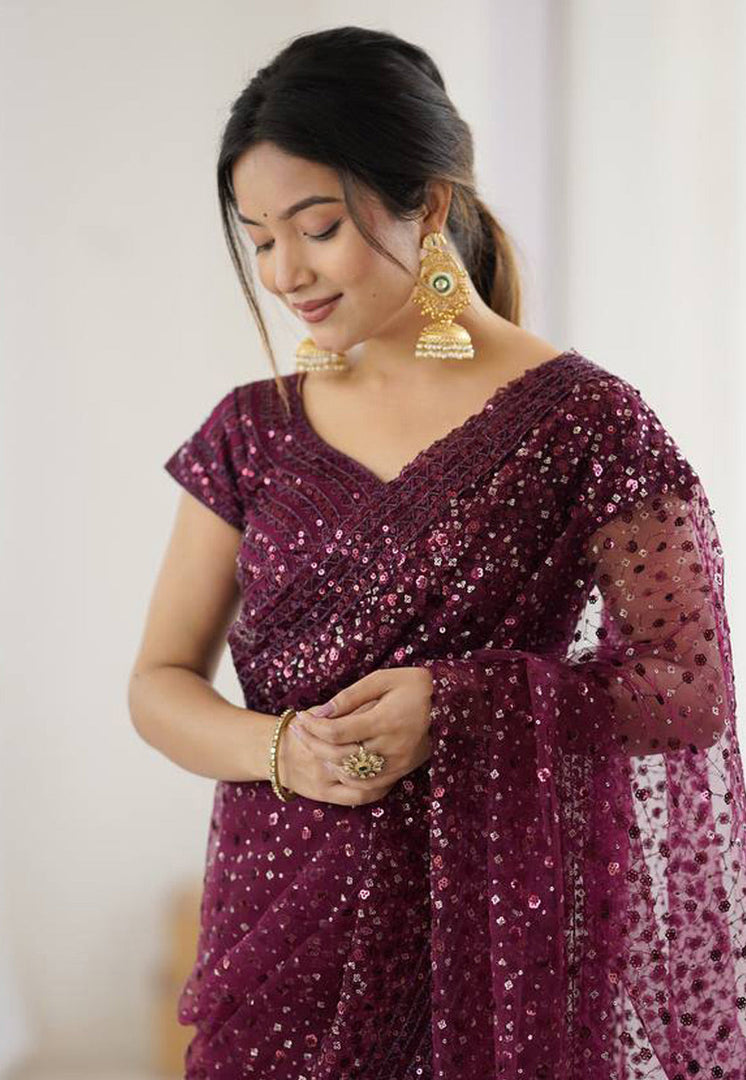 Wine Net Saree With Blouse