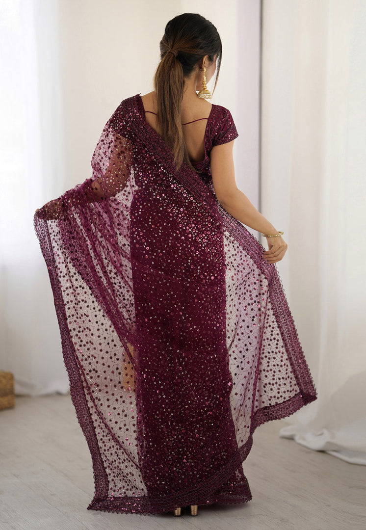 Wine Net Saree With Blouse