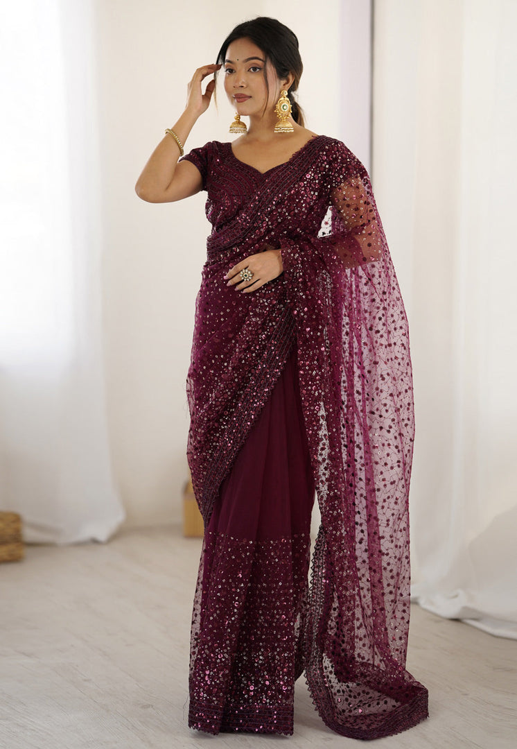 Wine Net Saree With Blouse