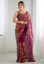 Load image into Gallery viewer, Wine Net Sequence Saree
