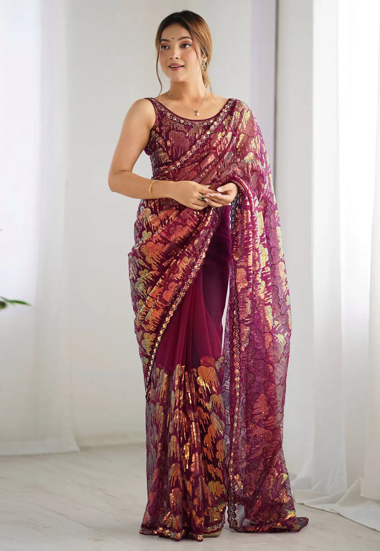 Wine Net Sequence Saree