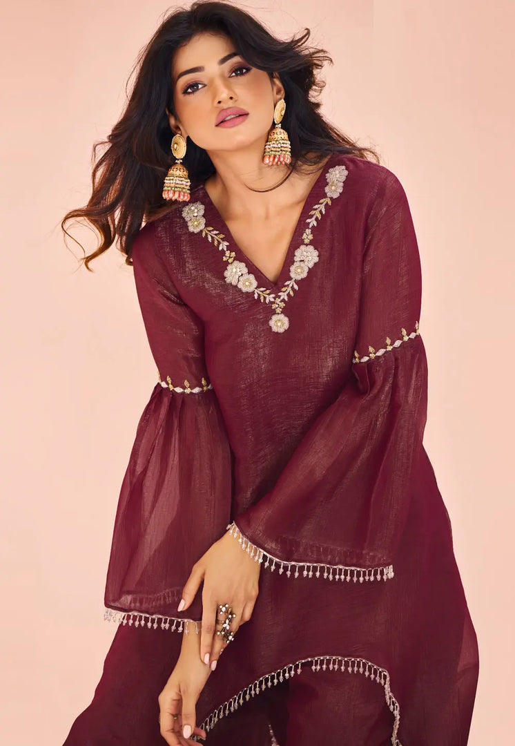Wine Organza Kurta Set With Pent