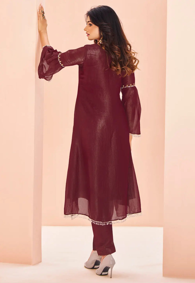 Wine Organza Kurta Set With Pent
