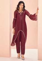 Load image into Gallery viewer, Wine Organza Kurta Set With Pent
