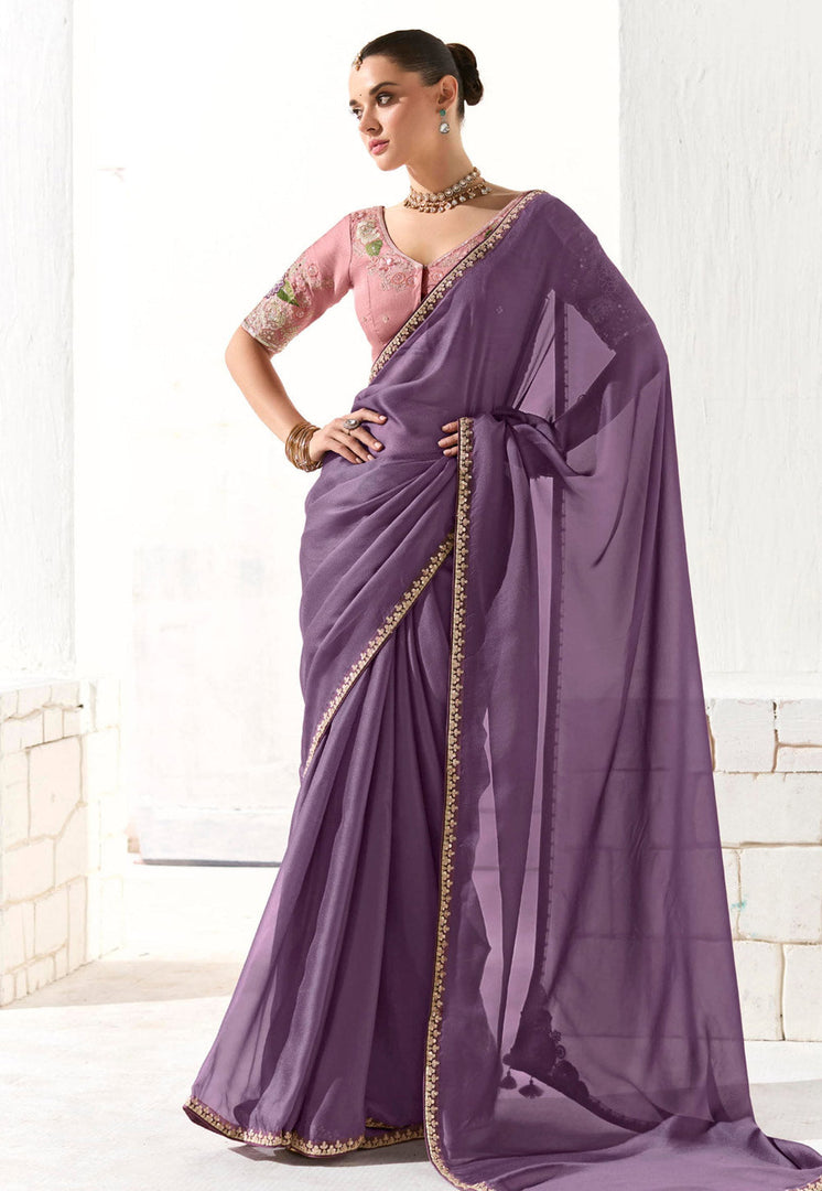 Wine Organza Saree With Blouse