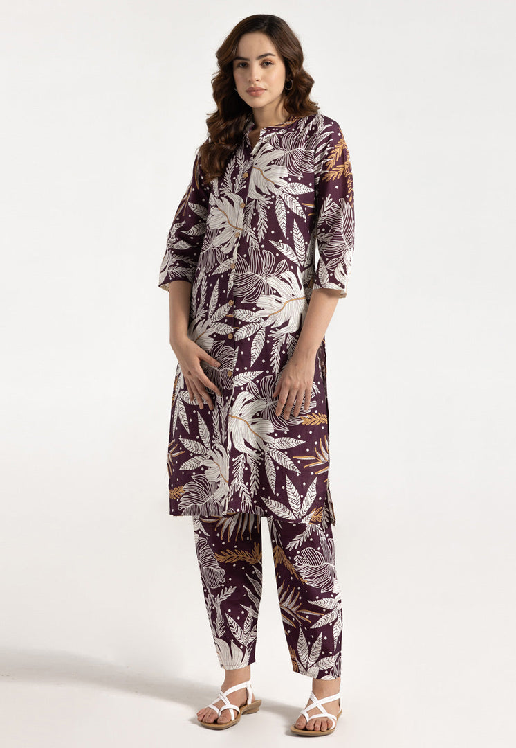 Wine Rayon Printed Co-Ords Set