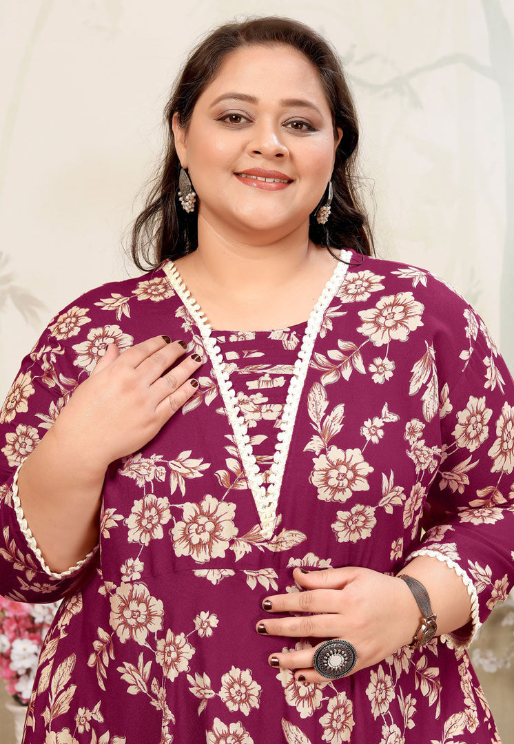 Wine Rayon Printed Long Kurti