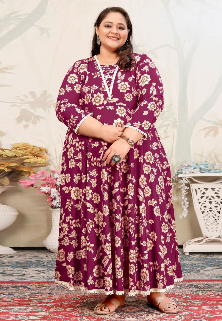 Wine Rayon Printed Long Kurti