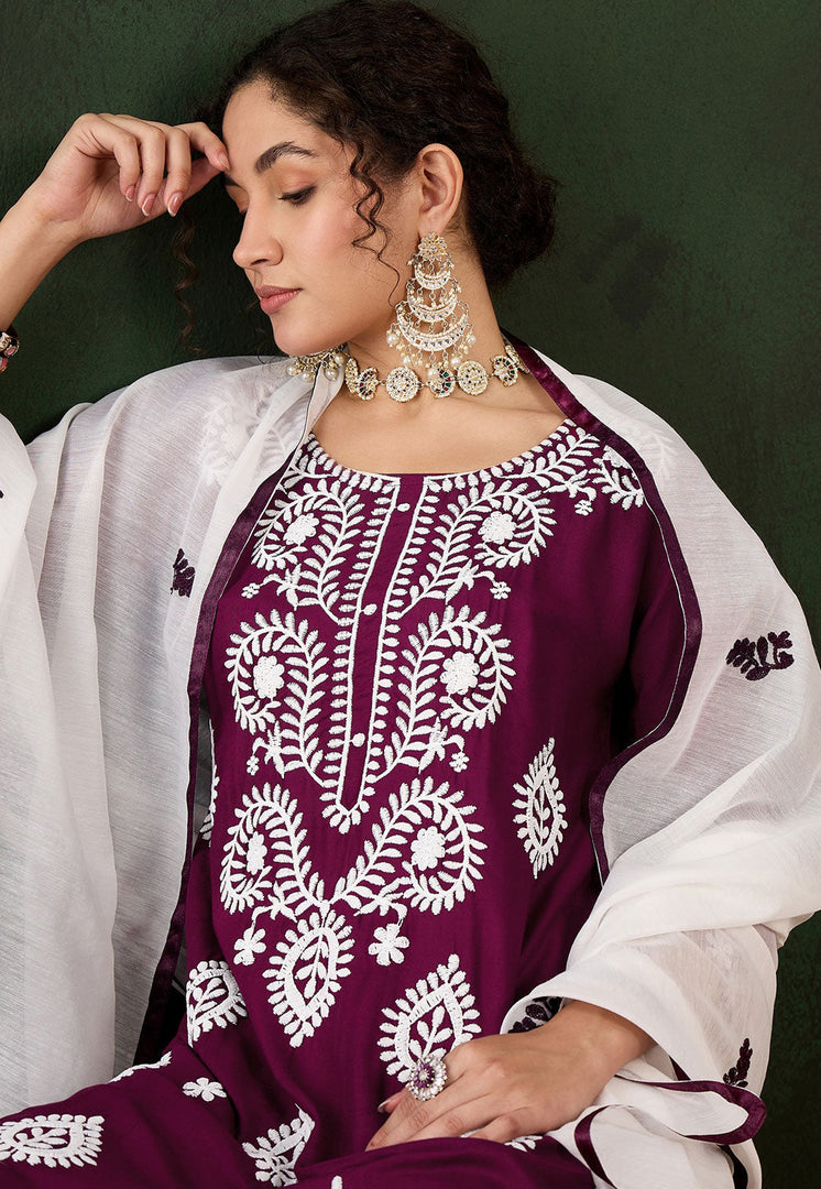 Wine Rayon Readymade Chikankari Suit
