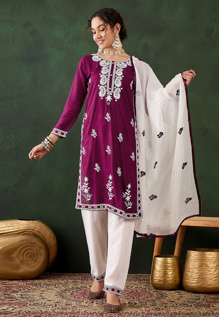 Wine Rayon Readymade Chikankari Suit
