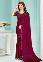 Load image into Gallery viewer, Wine Satin Chiffon Saree With Blouse
