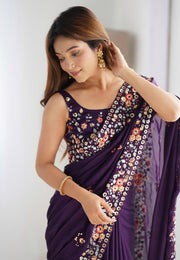 Wine Satin Chiffon Saree With Blouse