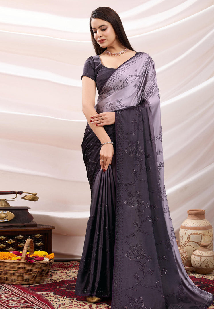 Wine Satin Half N Half Saree