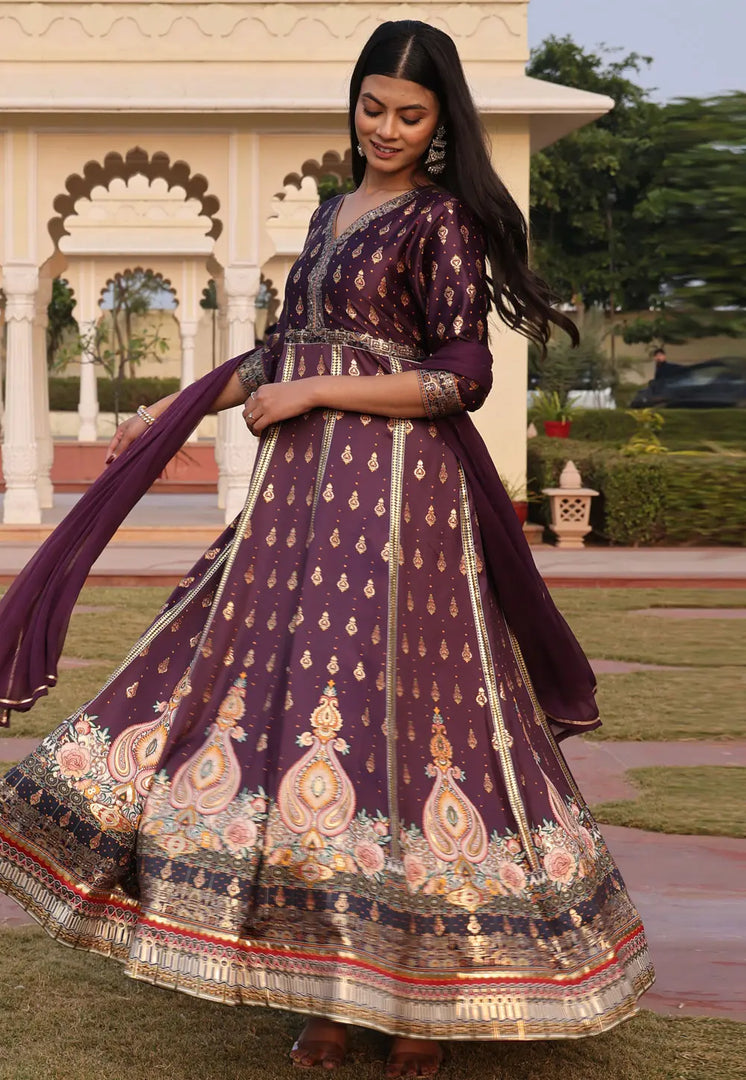 Wine Satin Long Anarkali Suit