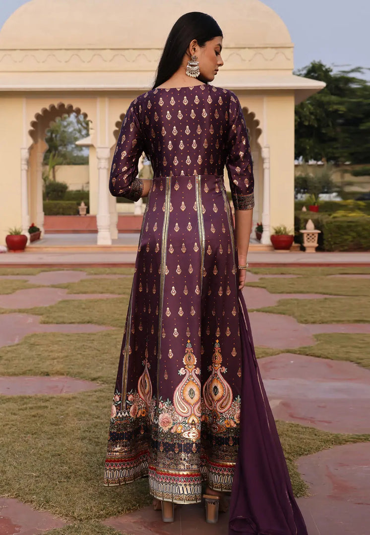 Wine Satin Long Anarkali Suit