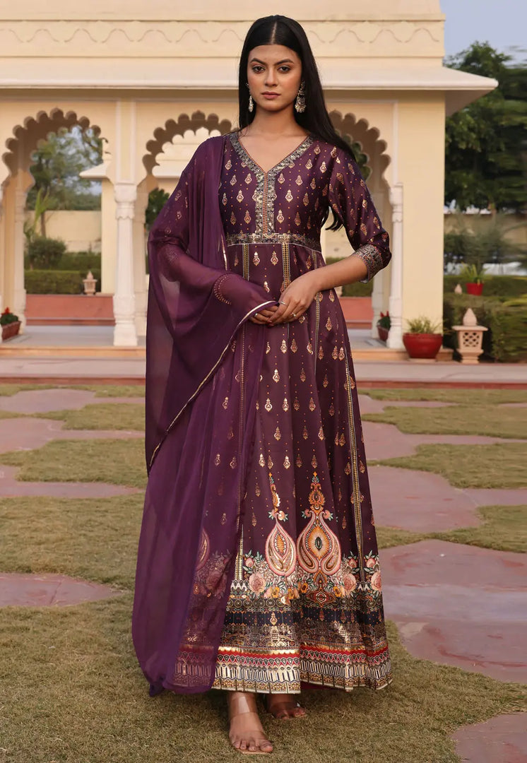 Wine Satin Long Anarkali Suit