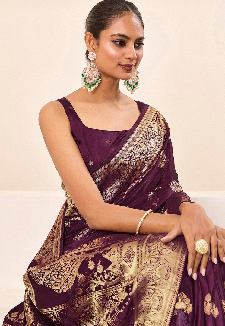 Wine Satin Silk Saree With Blouse