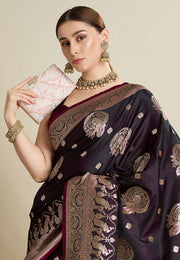 Wine Satin Silk Saree With Blouse