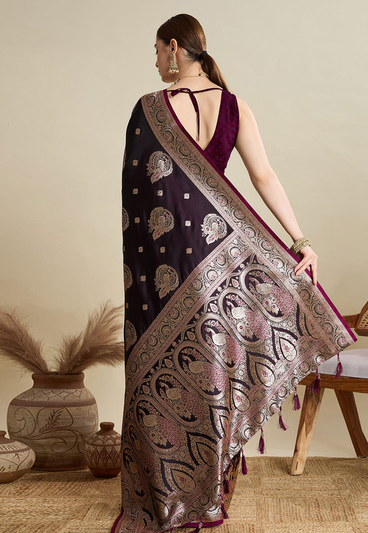 Wine Satin Silk Saree With Blouse