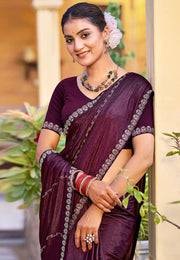 Wine Shimmer Chiffon Saree With Blouse