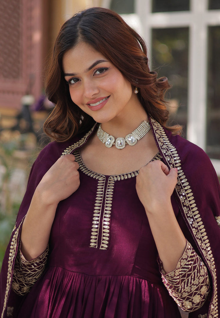 Wine Shimmer Readymade Long Anarkali Suit