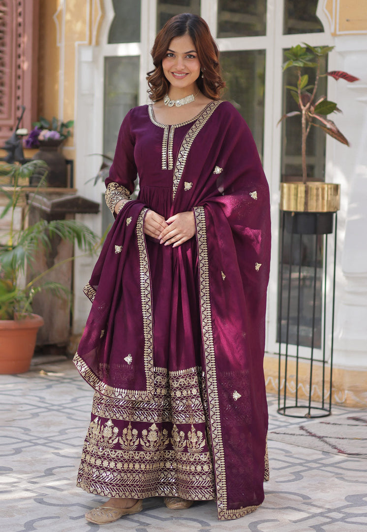 Wine Shimmer Readymade Long Anarkali Suit