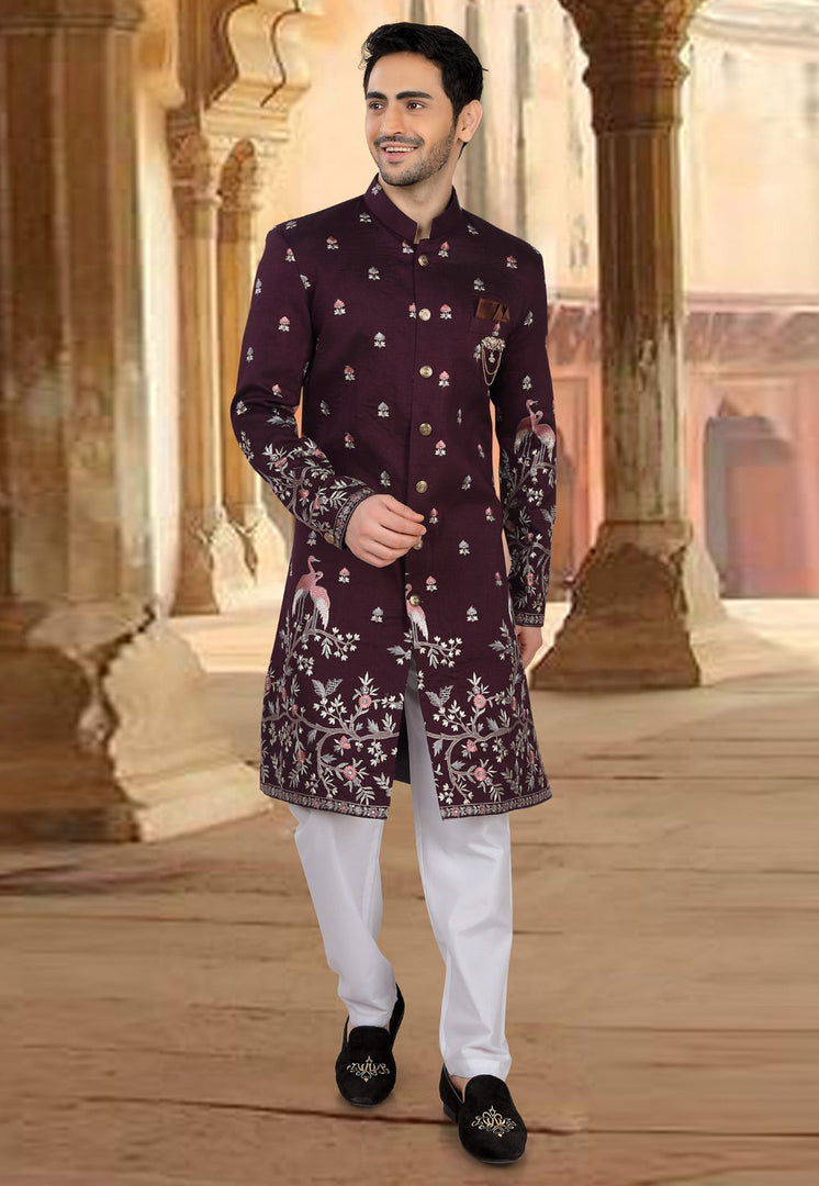 Wine Silk Indo Western Sherwani