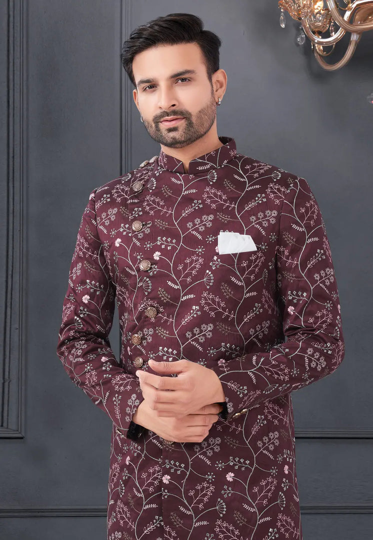 Wine Silk Indo Western Suit