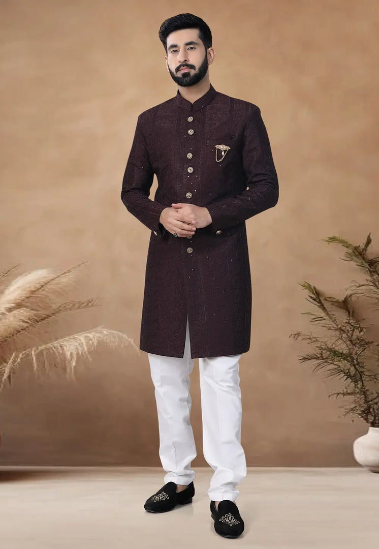 Wine Silk Indo Western Suit