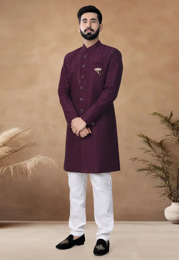 Wine Silk Indo Western Suit