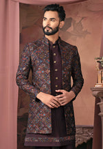 Load image into Gallery viewer, Wine Silk Jacket Style Sherwani
