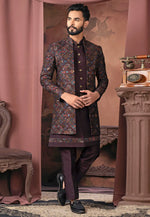 Load image into Gallery viewer, Wine Silk Jacket Style Sherwani
