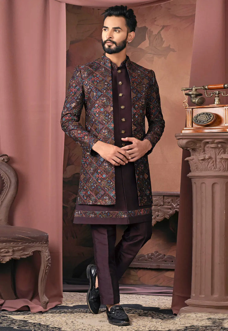 Wine Silk Jacket Style Sherwani
