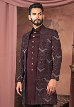 Load image into Gallery viewer, Wine Silk Jacket Style Sherwani
