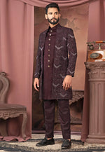 Load image into Gallery viewer, Wine Silk Jacket Style Sherwani
