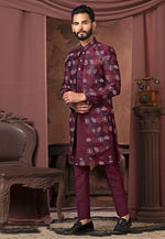 Load image into Gallery viewer, Wine Silk Jacket Style Sherwani
