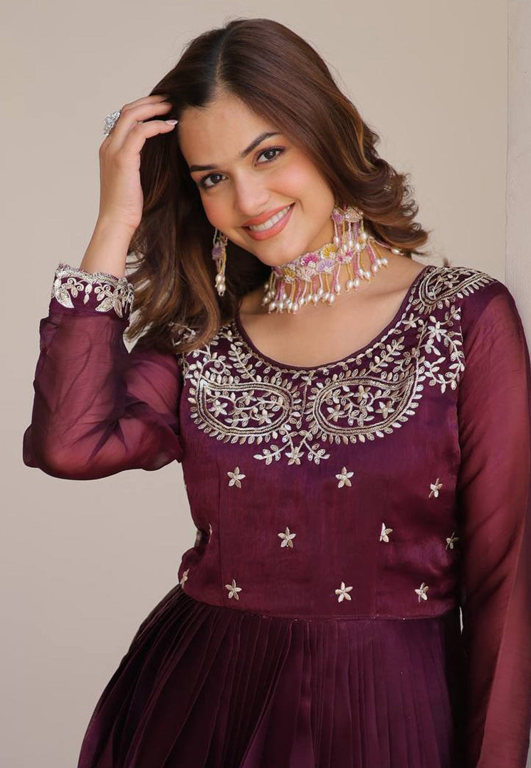 Wine Silk Readymade Anarkali Suit