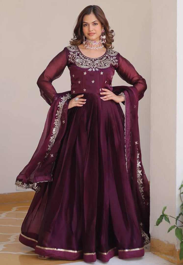 Wine Silk Readymade Anarkali Suit