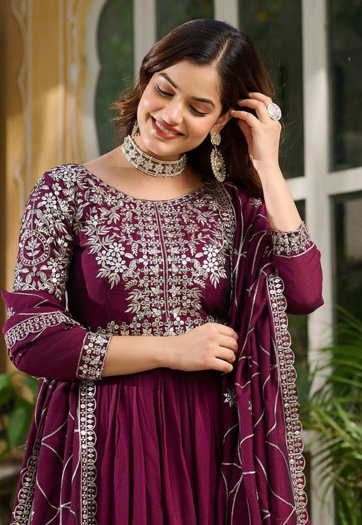 Wine Silk Readymade Long Anarkali Suit