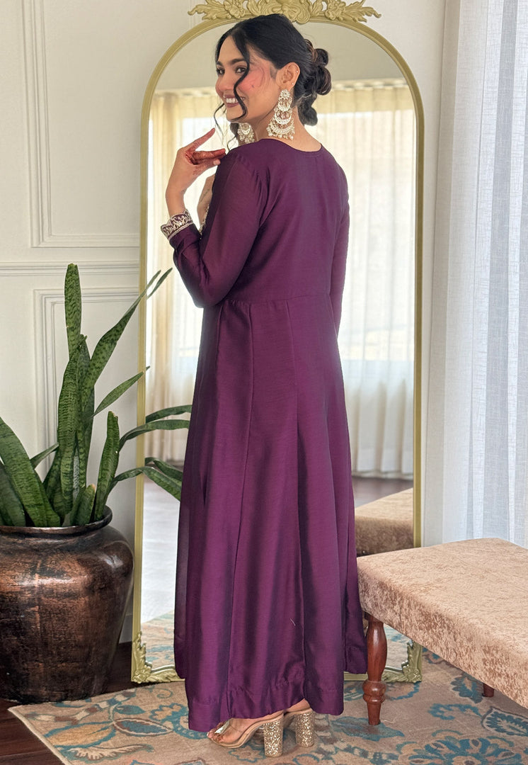 Wine Silk Readymade Long Anarkali Suit
