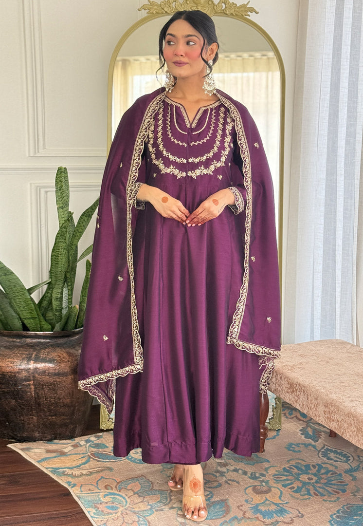 Wine Silk Readymade Long Anarkali Suit