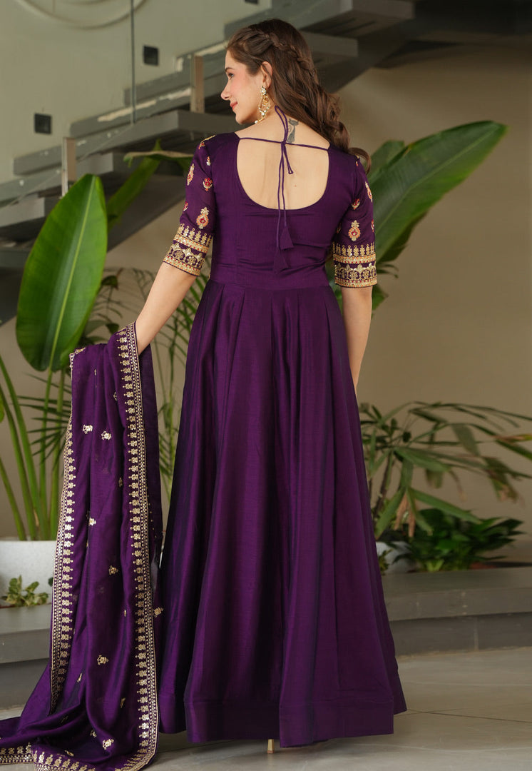 Wine Silk Readymade Long Anarkali Suit